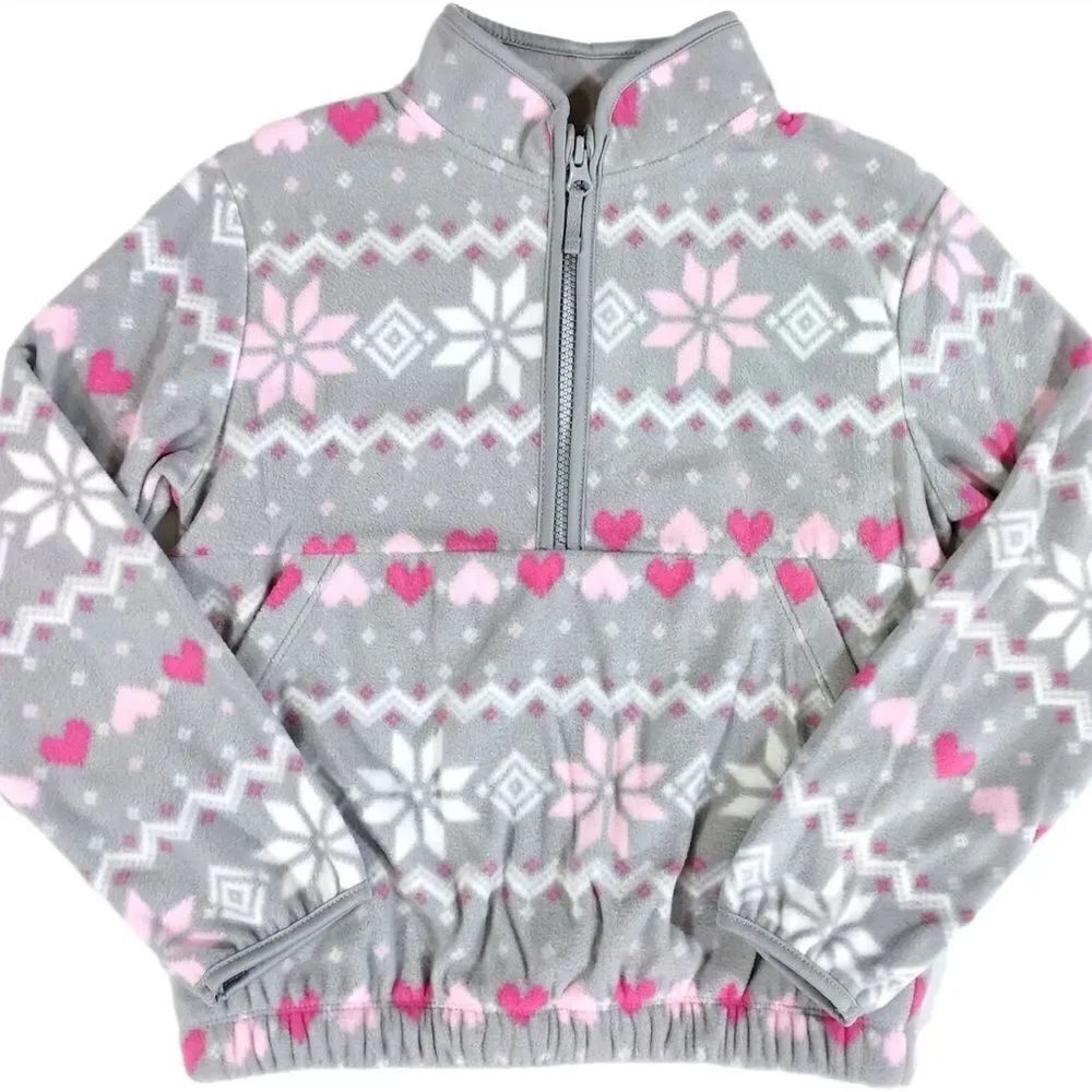 Athletic Works Girls Half Zip Pullover Sweatshirt Grey Hearts - Size Large